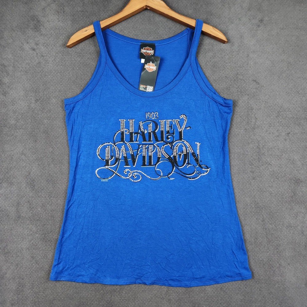 Harley Davidson Tank Top Womens Large Blue Embellished Lavish Scoop Neck NEW